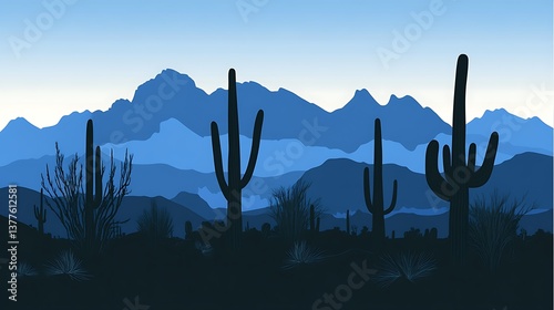 Blue Desert Silhouette Landscape.