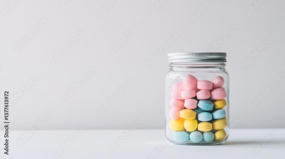 Glass jar filled with a variety of colorful candies and sweets on a wooden table Glass jar filled with a variety of colorful candies and sweets on a wooden table