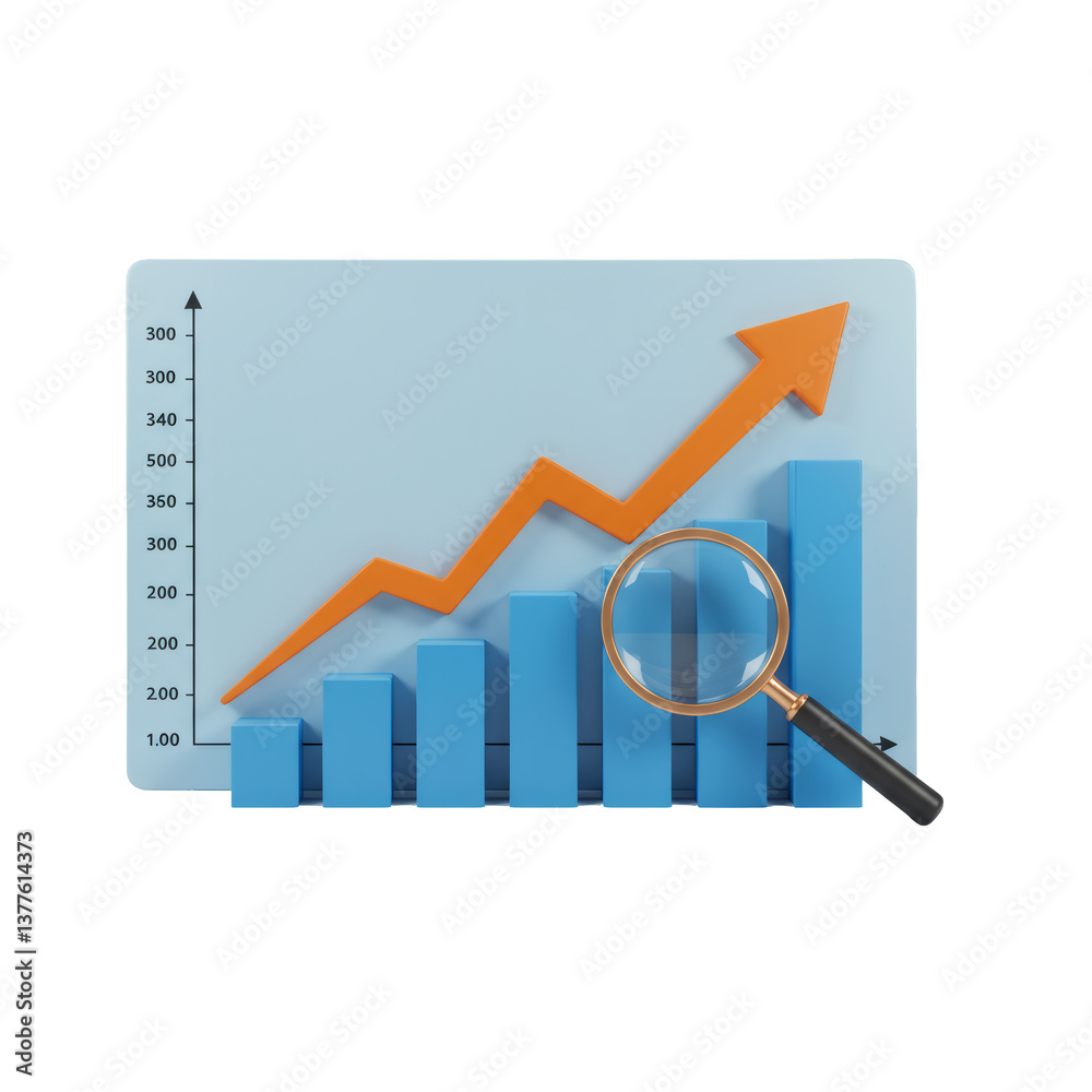 3D Render of a Blue Financial Growth Chart with Orange Arrow and Magnifying Glass 3D Render of a Blue Financial Growth Chart with Orange Arrow and Magnifying Glass