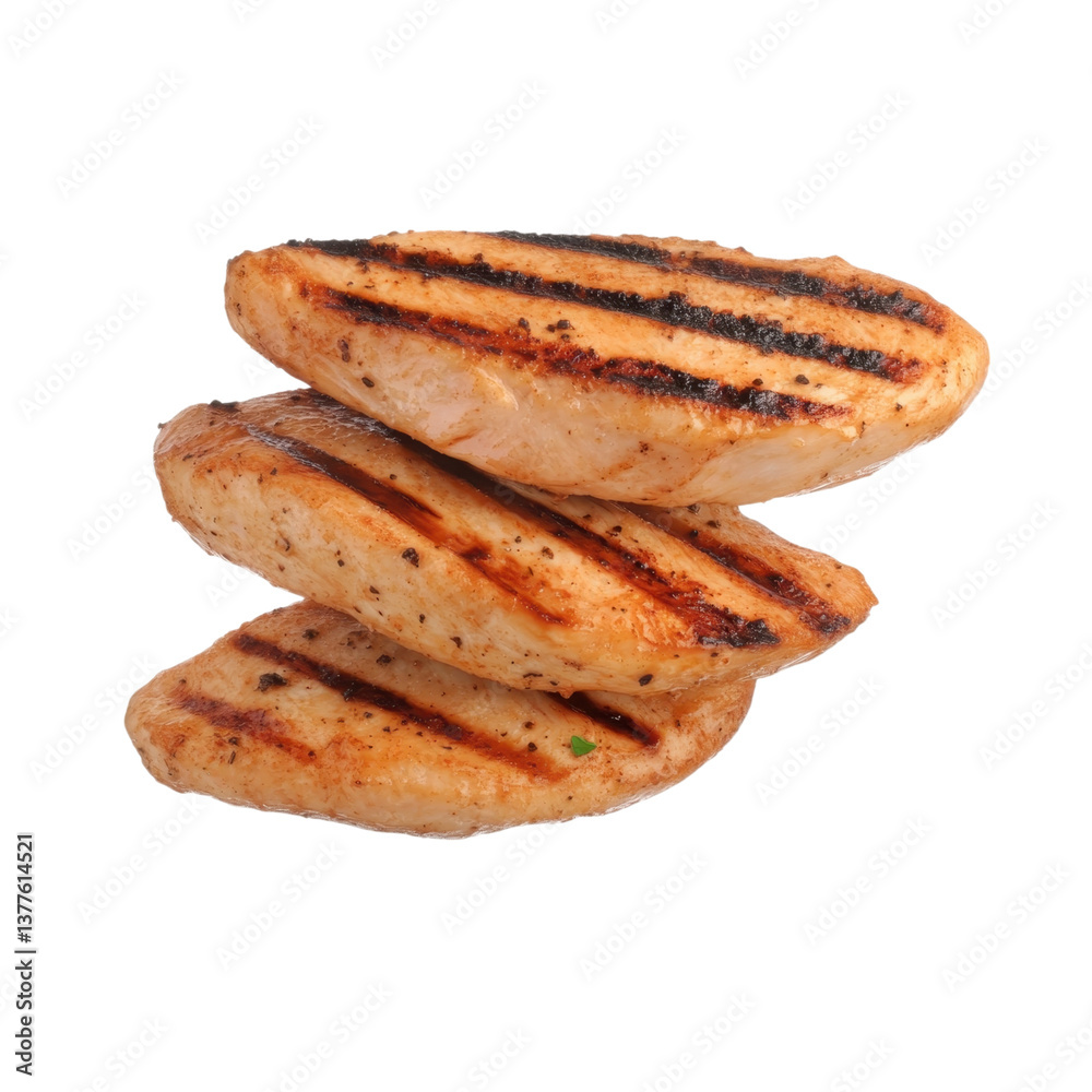Grilled chicken fillets stacked with perfect food styling create appetizing display Grilled chicken fillets stacked with perfect food styling create appetizing display