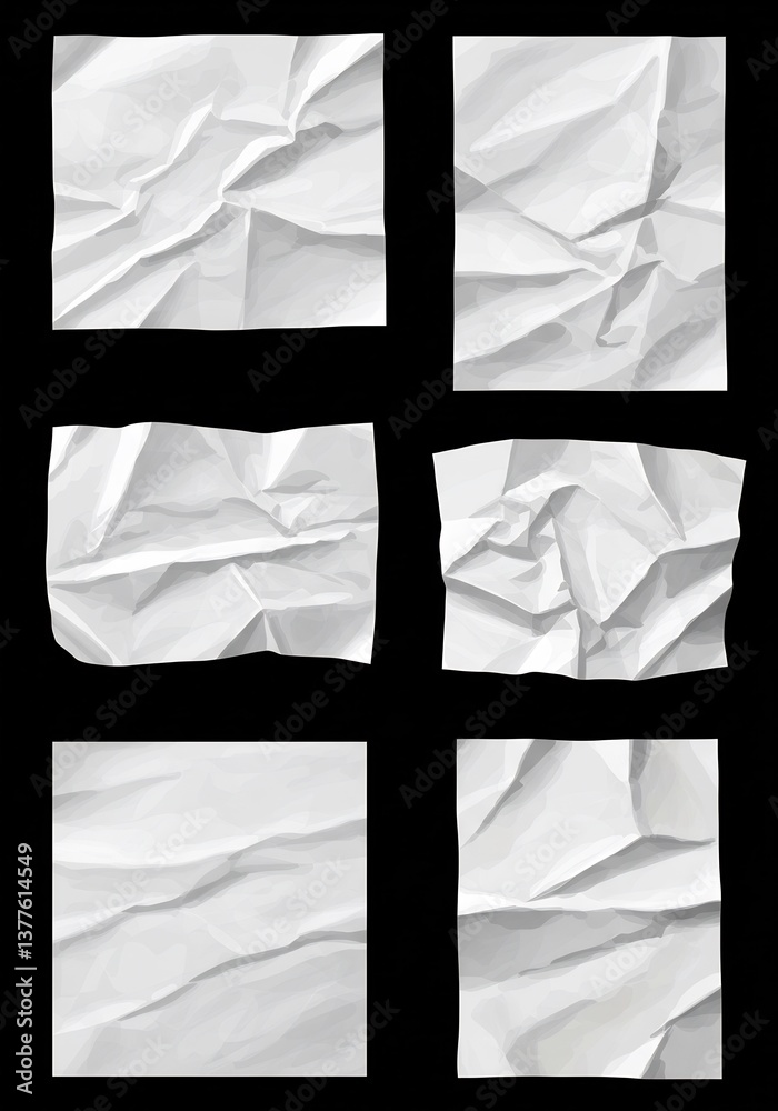 Obraz premium Six crumpled white paper textures against black background. AI Generated