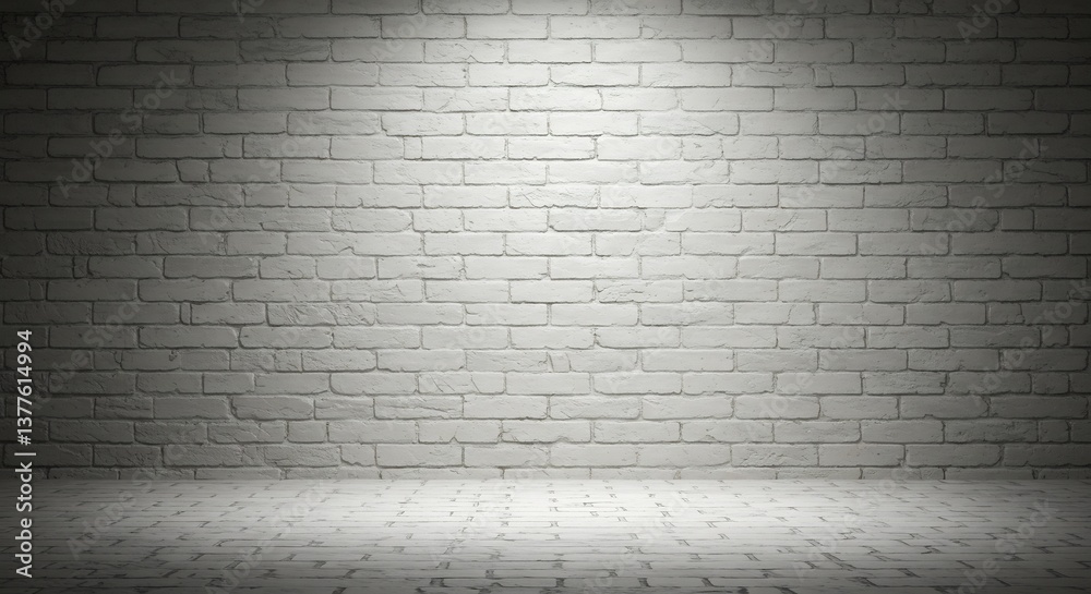 Fototapeta premium Dramatic spotlight on textured white brick wall background. AI Generated