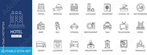 Hotel line icon set with accommodation, room service, booking, map, television, room, key, shower, safe, accommodation, hospitality, resort symbols for websites, apps, print design.