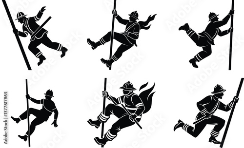Firefighter sliding down a pole silhouette black vector art set design