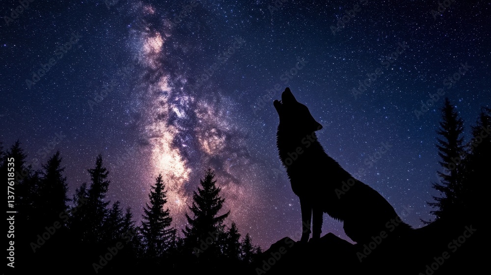 Wolf standing on a rock under a starry sky with bright stars and clear night atmosphere Wolf standing on a rock under a starry sky with bright stars and clear night atmosphere