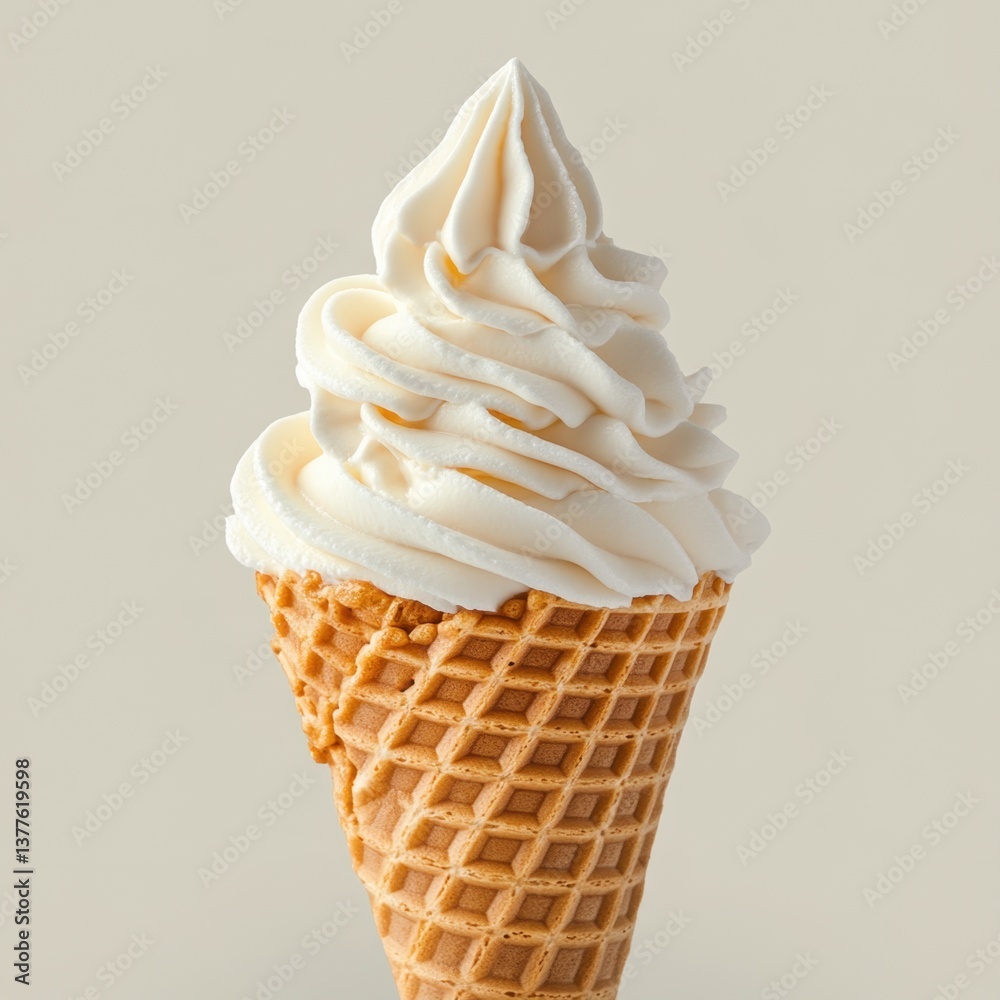 Creamy vanilla soft serve ice cream cone delight on a bright day studio shot with a neutral background and a high angle view Creamy vanilla soft serve ice cream cone delight on a bright day studio shot with a neutral background and a high angle view
