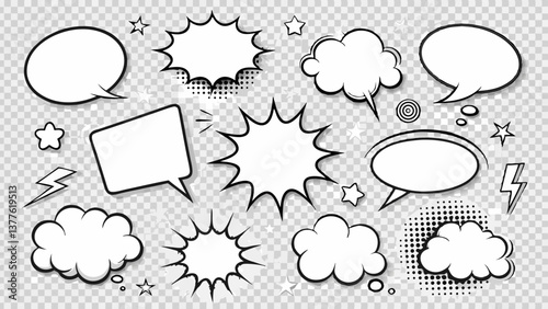 A mix of speech, thought, and explosion bubbles in a vintage comic art style, perfect for adding dramatic dialogue effects