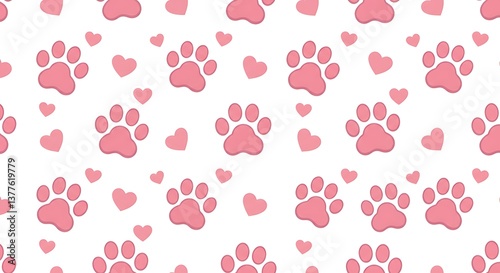 Pink Paw Prints & Hearts: Sweet Repeating Pattern AI Generated
