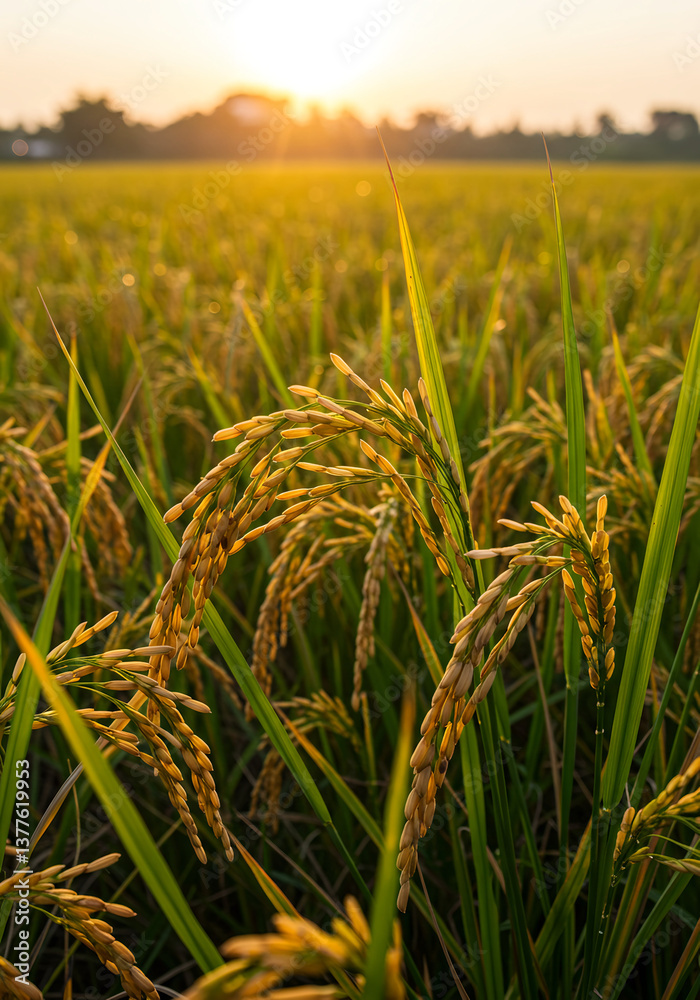 Naklejka premium Golden Rice Field at Sunrise