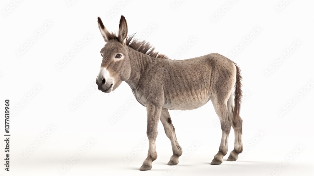 A realistic depiction of a donkey standing proudly against a pure white background. A realistic depiction of a donkey standing proudly against a pure white background.