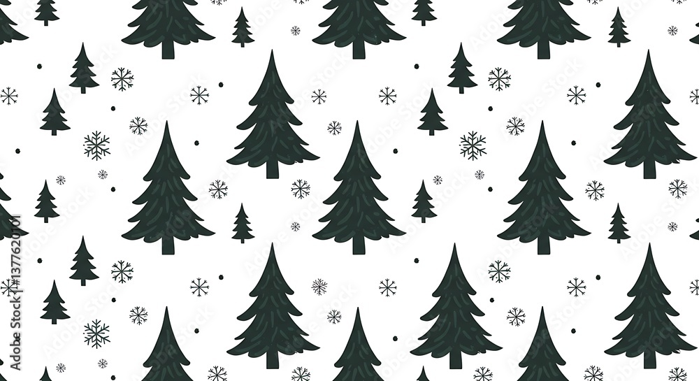 Obraz premium Dark Green Christmas Trees & Snowflakes Pattern AI Generated