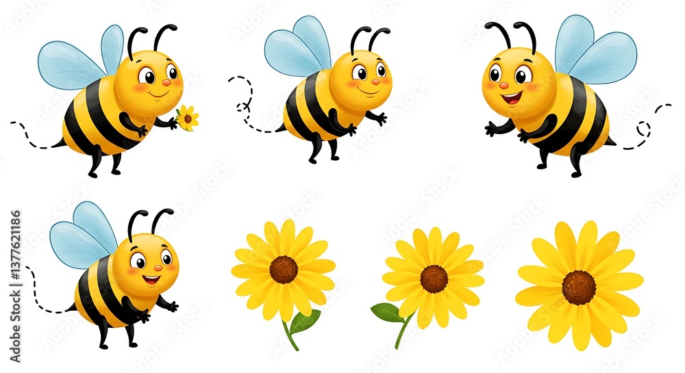 Obraz premium Adorable Cartoon Bees & Sunflowers: Happy Honey Harvest AI Generated