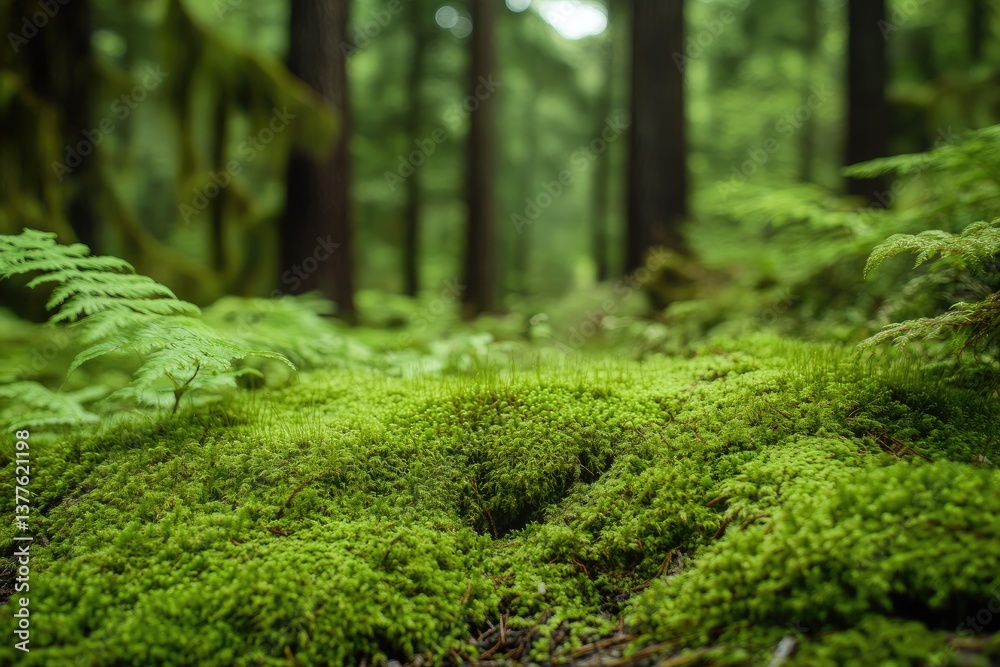 Lush green moss carpet in a damp forest. Close-up view of vibrant moss covering the forest floor, with ferns and other vegetation Lush green moss carpet in a damp forest. Close-up view of vibrant moss covering the forest floor, with ferns and other vegetation