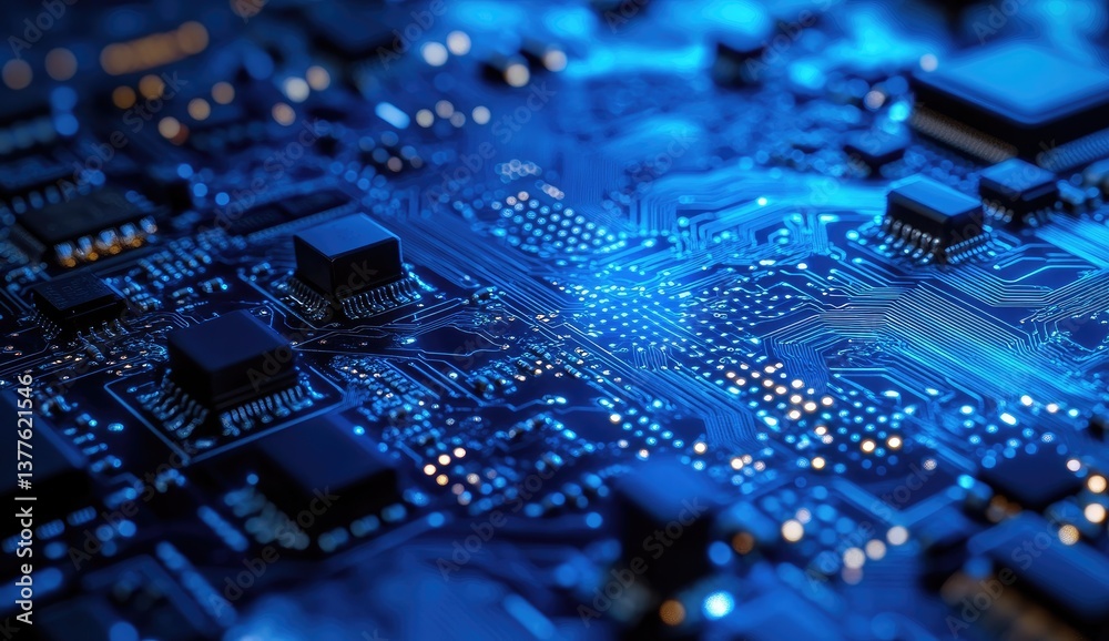 Close-up of intricate circuit board. Complex electronic components are densely packed, glowing with a deep blue light. A detailed view of the interconnected pathways and tiny components Close-up of intricate circuit board. Complex electronic components are densely packed, glowing with a deep blue light. A detailed view of the interconnected pathways and tiny components