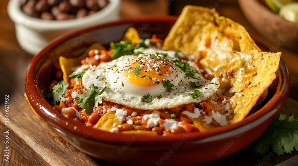 Chilaquiles in red sauce accompanied with beans fried egg and bread Chilaquiles in red sauce accompanied with beans fried egg and bread