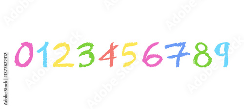 Colorful numbers 0-9, hand-drawn in a wax crayon or pastel style. Highlighter effect on a board, perfect for kindergarten drawing, learning materials, and creative educational projects. Vector