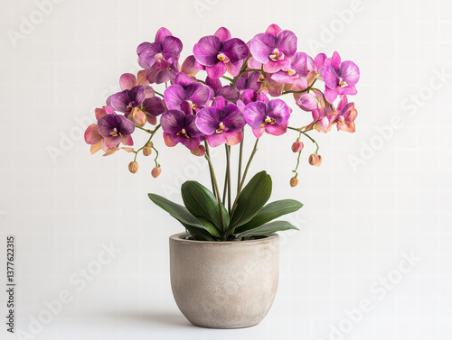 beautiful display of Phalaenopsis orchid in pot, showcasing vibrant purple flowers and lush green leaves, perfect for home decor and adding touch of elegance