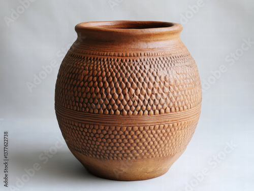 textured surface of clay pot showcasing artisan craftsmanship, with intricate patterns and warm earthy tone, perfect for decorative or functional use