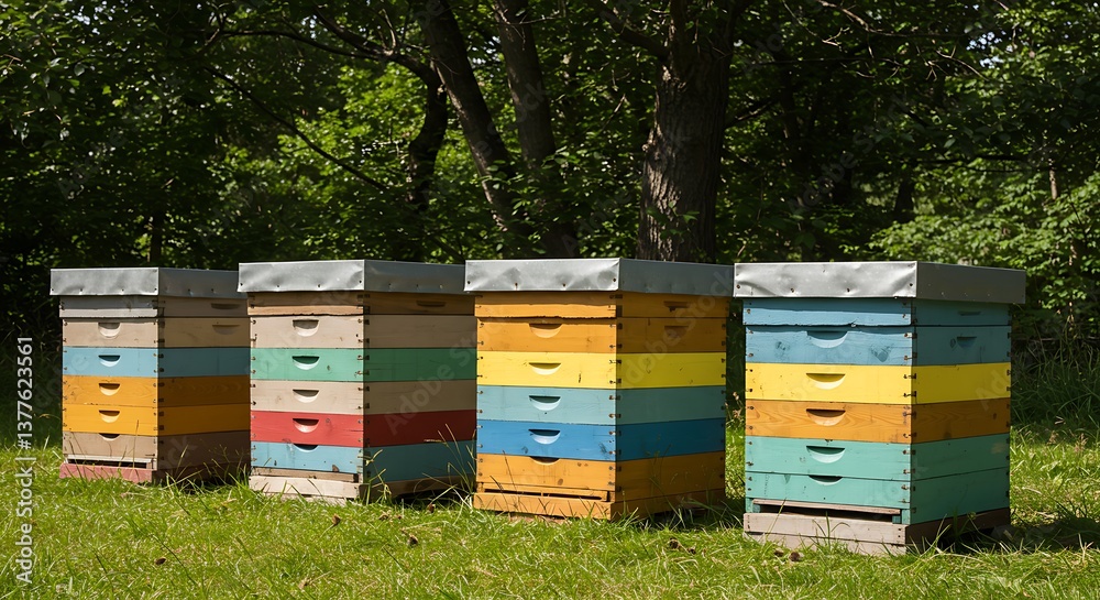 Vibrant Beehives in Summer Meadow AI Generated Vibrant Beehives in Summer Meadow AI Generated