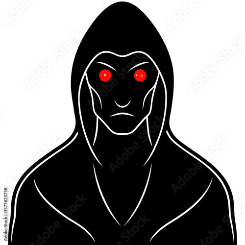 Shadowy figure with glowing red eyes  silhouette vector illustration