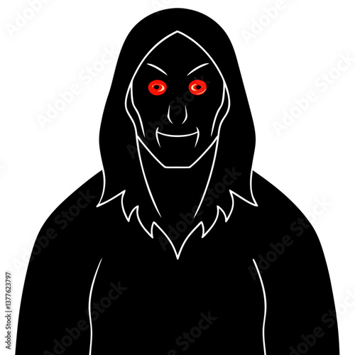 Shadowy figure with glowing red eyes  silhouette vector illustration