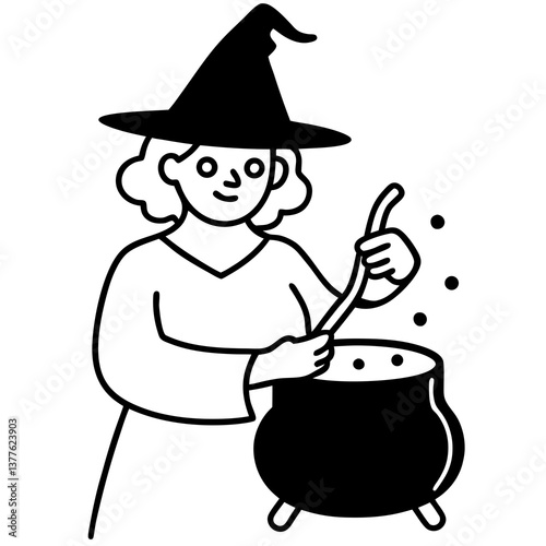 Witch stirring a bubbling potion line art vector illustration 