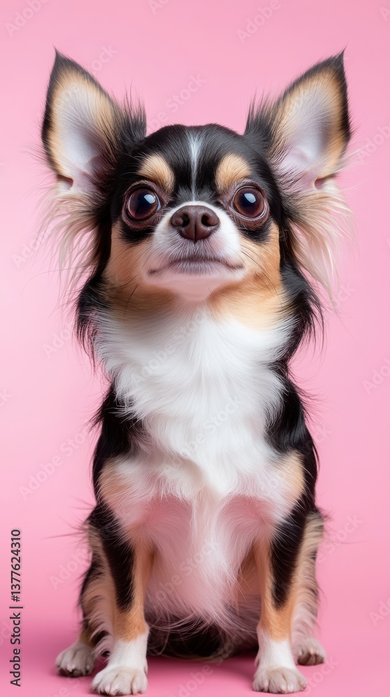 Cute chihuahua sitting confidently in front of a pink background with a bright and playful expression, showcasing its distinctive features and fluffy fur Cute chihuahua sitting confidently in front of a pink background with a bright and playful expression, showcasing its distinctive features and fluffy fur