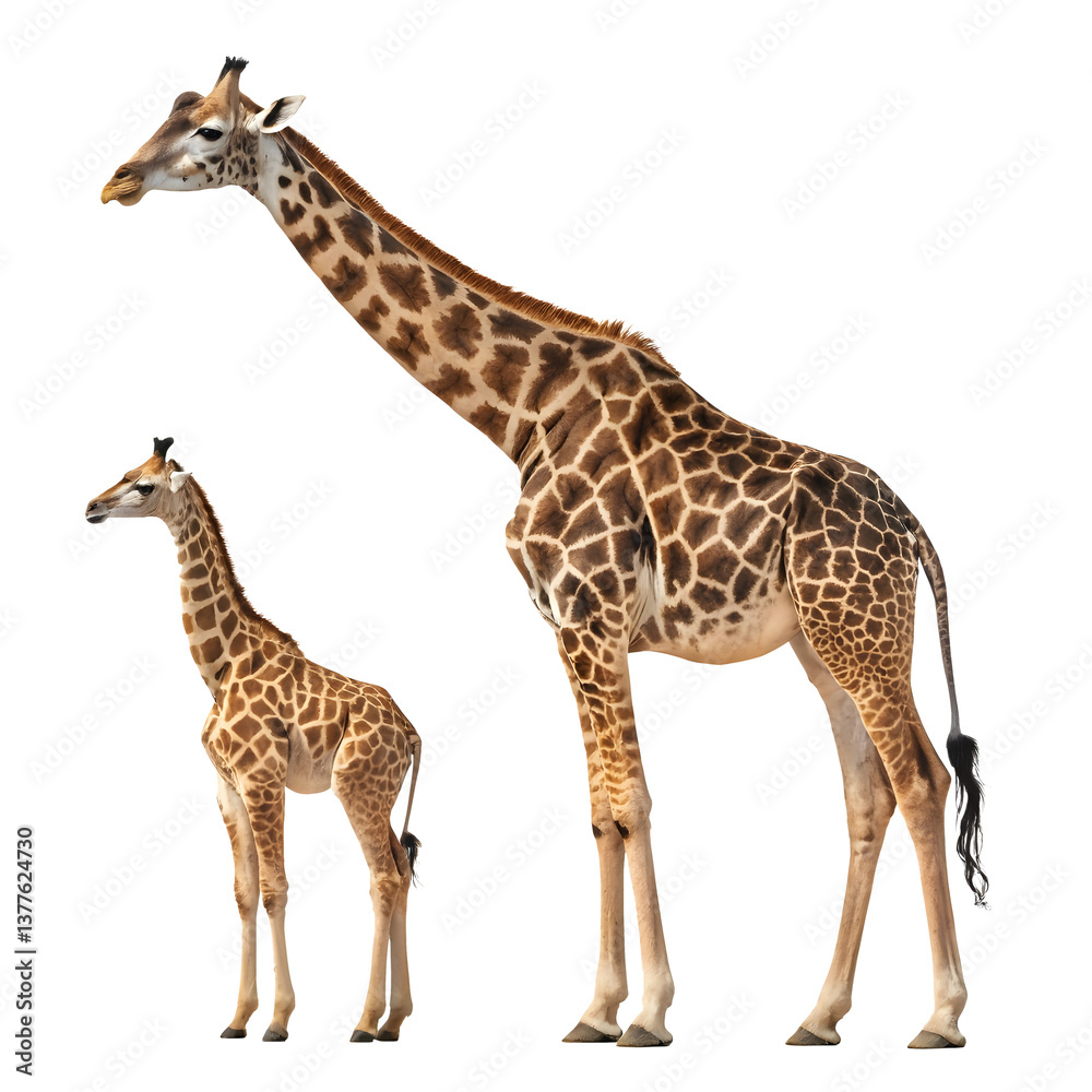 Obraz premium Tall brown spotted giraffe mammal isolated on white wildlife background