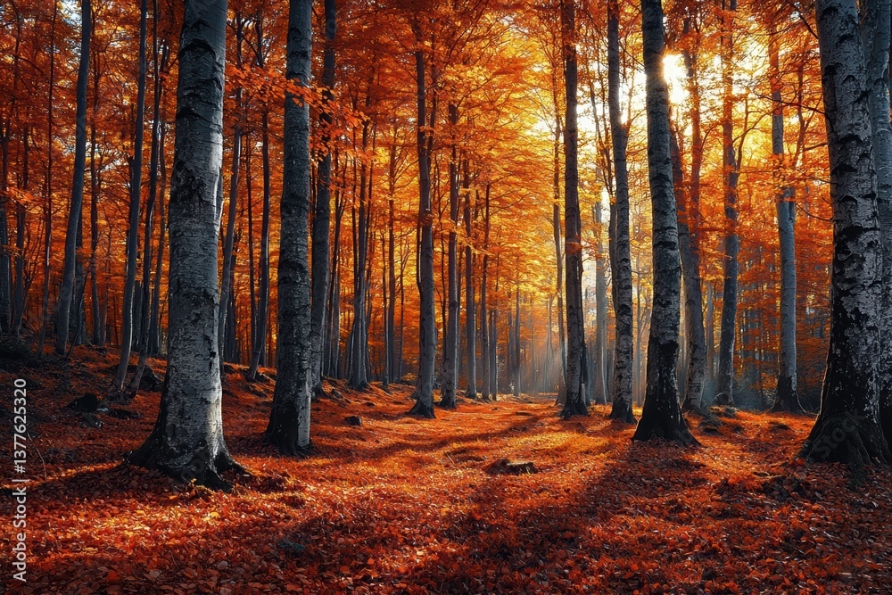 Obraz premium Enchanting Autumn Forest Path Sunlit Golden Leaves & Majestic Trees
