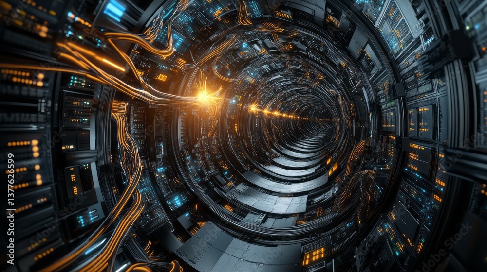 Obraz premium 3D render of a futuristic spaceship interior with a curved spiral tunnel full of computer chips and data cables.