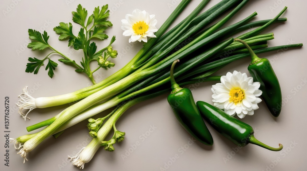 Obraz premium Mexican Culinary Herbs – Fresh Green Onions and Jalapeño Peppers with White Flowers on Neutral Background for Recipe Blogs and Organic Market Branding