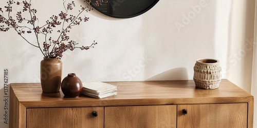 Fototapeta Naklejka Na Ścianę i Meble -  Top view of living room interior with empty space on sideboard with decoration