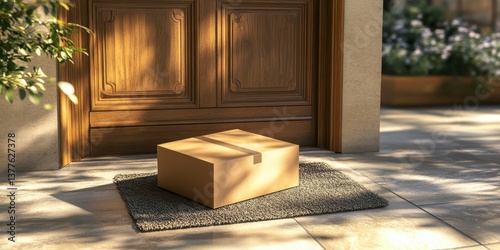 Delivered outside the door, e-commerce purchase on mat. Add your own copy and label. Package delivery on steps red front door. Copy space for text.