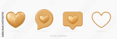 3D Social media gold likes and emoji icon set. Speech bubble messages with golden hearts. Reaction buttons. Futuristic Y2K elements. Cartoon design icons isolated on white. 3D Vector illustration
