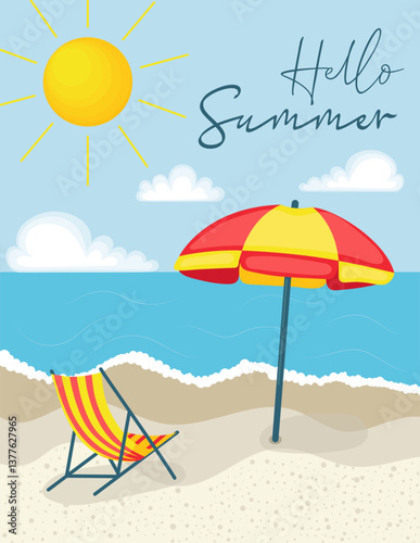 Umbrella and sun lounger on the beach postcard. Hello summer inscription. Summer background. 