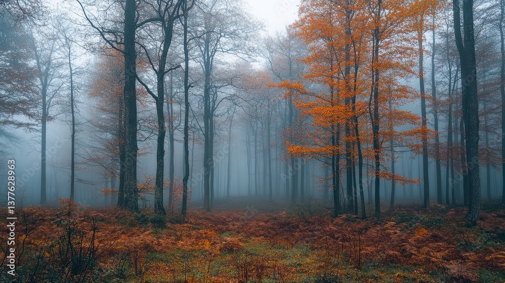 Fototapeta premium A tranquil forest filled with tall trees shrouded in mist showcases bright orange and yellow leaves. The soft light of early morning creates a serene atmosphere amidst the falling foliage