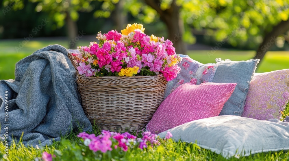 Fototapeta premium A dreamy outdoor picnic setup with fresh flowers in a wicker basket, surrounded by soft fabric and cushions.