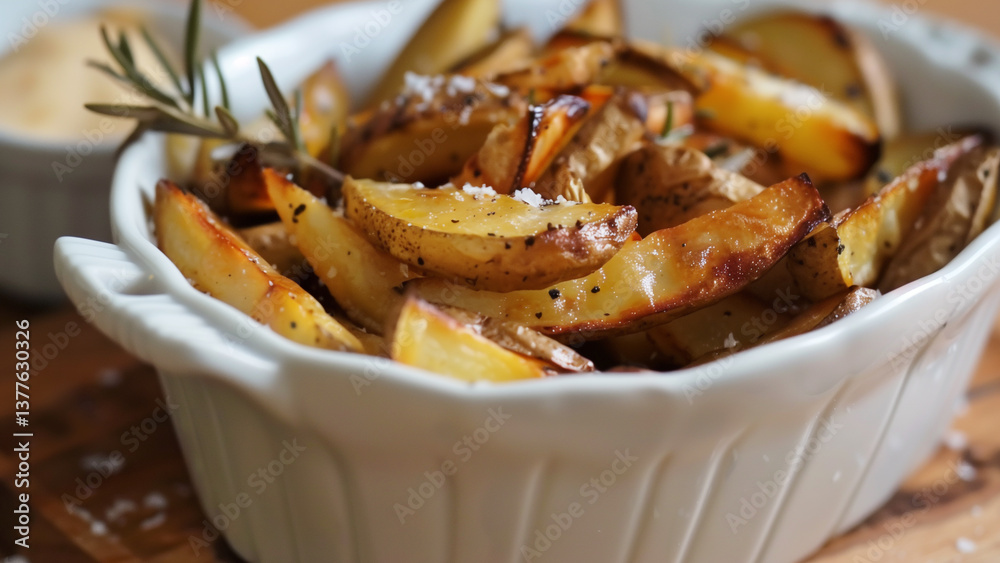 crispy potato wedges in white dish, sprinkled with salt and pepper, garnished with rosemary crispy potato wedges in white dish, sprinkled with salt and pepper, garnished with rosemary