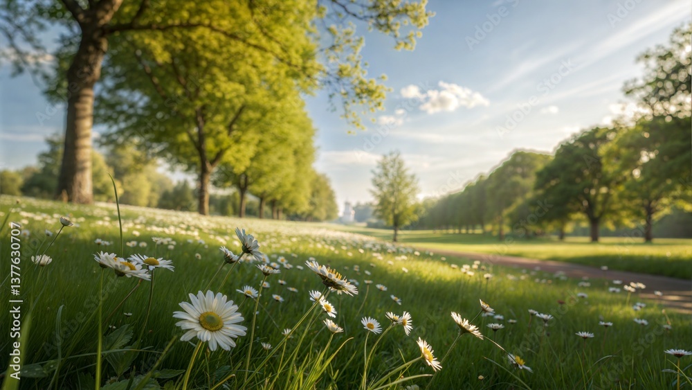 Fototapeta premium Daisies field landscape scenic view spring season beautiful nature park meadow green trees sky sunny day scenery