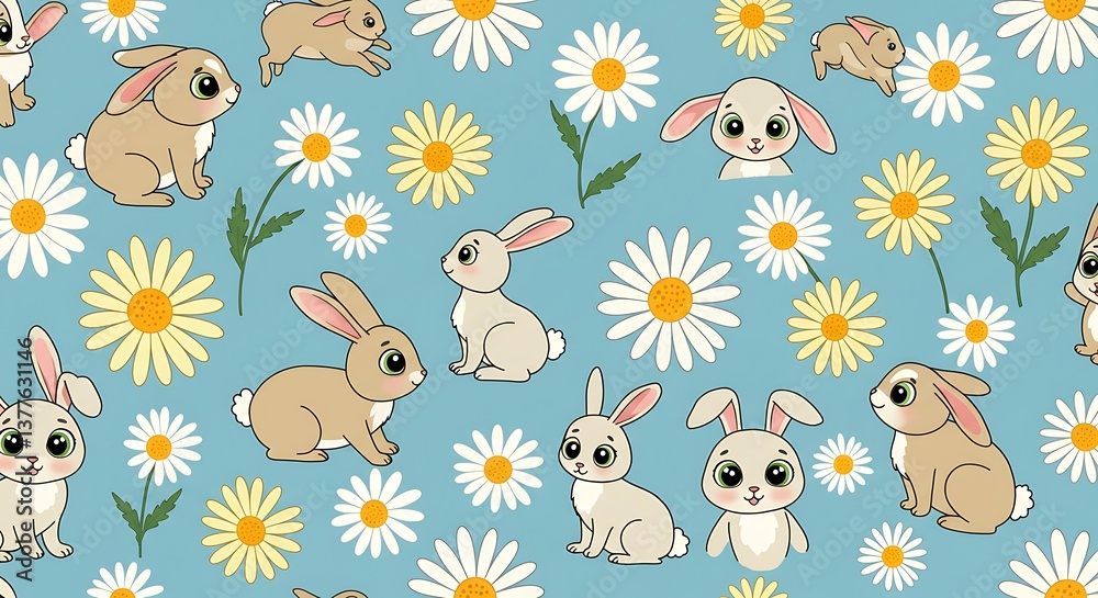 Naklejka premium Charming Bunnies & Daisies: Pastel Blue Spring Pattern AI Generated