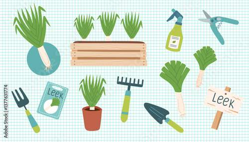 Leek gardening cliparts isolated on checkered background. Leek vegetable. Gardening concept. Leek and equipment for planting vegetables. Vector hand drawn illustration.