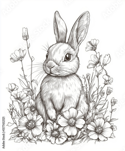 Easter bunny running with basket full of chocolate eggs coloring page vector cartoon illustration. Spring, Easter, egg hunt, children's party activity theme simple design element isolated on white.