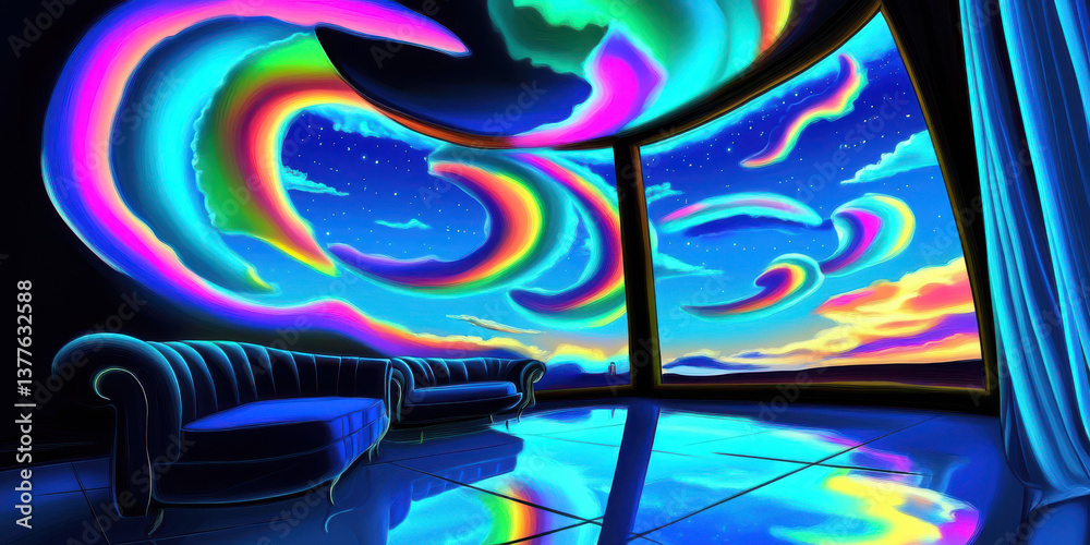 Obraz premium vibrant and colorful living room with stunning view of swirling sky, creating dreamlike atmosphere