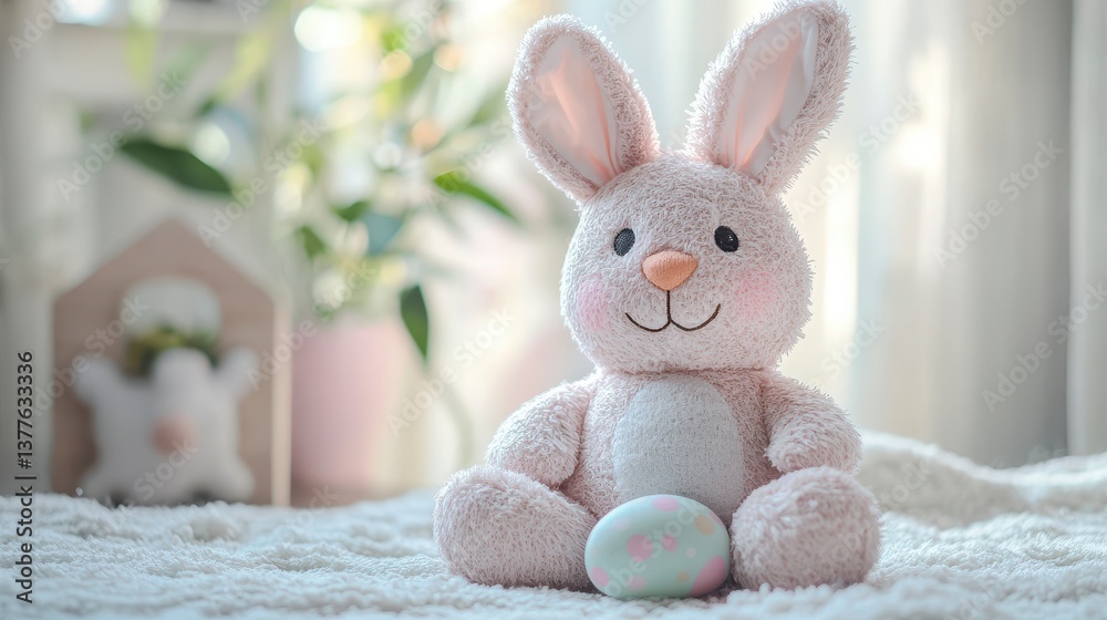 Obraz premium Cute Easter Bunny Plush Toy with Colorful Egg on Soft Blanket