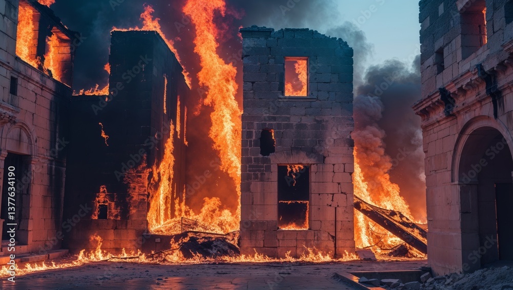 Dramatic fire engulfing ancient structures high resolution picture. Dramatic fire engulfing ancient structures high resolution picture.