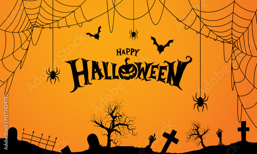 Happy halloween. Background design for halloween poster or decor. Vector happy halloween lettering and spider webs.