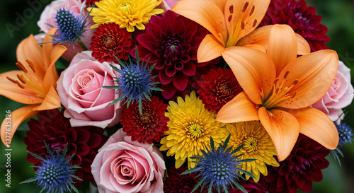 Vibrant Mixed Flower Bouquet with Roses, Dahlias, and Chrysanthemums