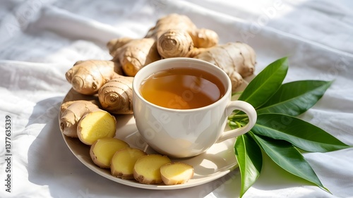 A cup of ginger tea with fresh ginger slices
