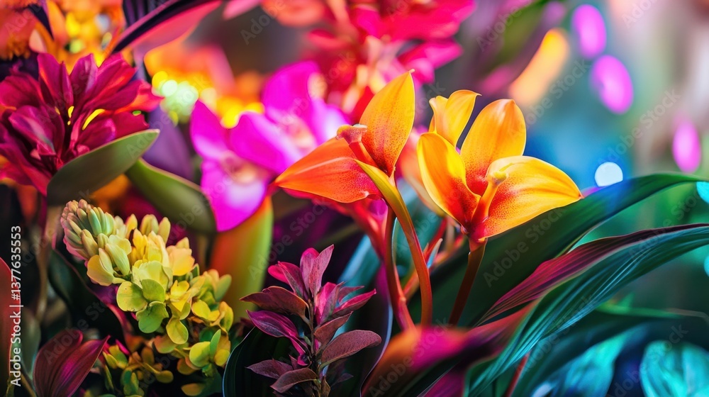 Naklejka premium A neon-inspired modern floral arrangement featuring exotic flowers under colorful LED lights.