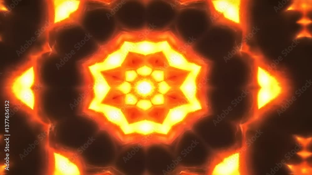 Vibrant kaleidoscopic pattern with fiery orange and yellow hues radiating from the center